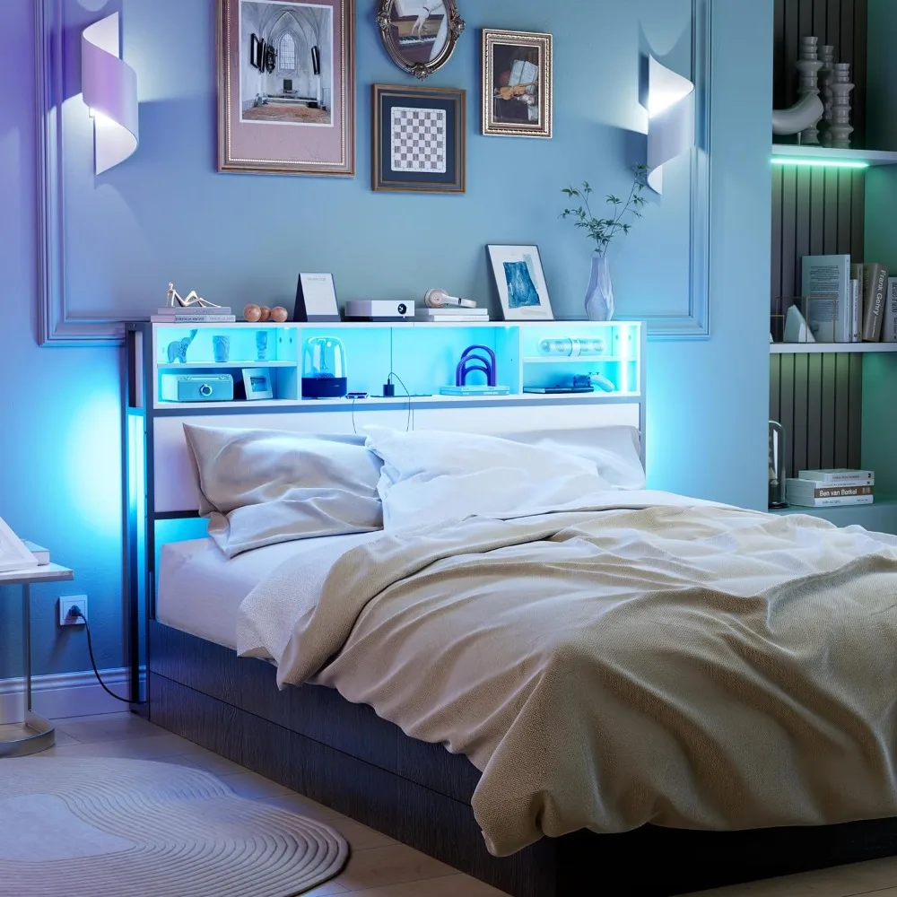 

Headboard Queen Size，with Outlets, USB Ports and RGB LED Light, 4-Tier Storage , Height Adjustable, Headboard Queen Size