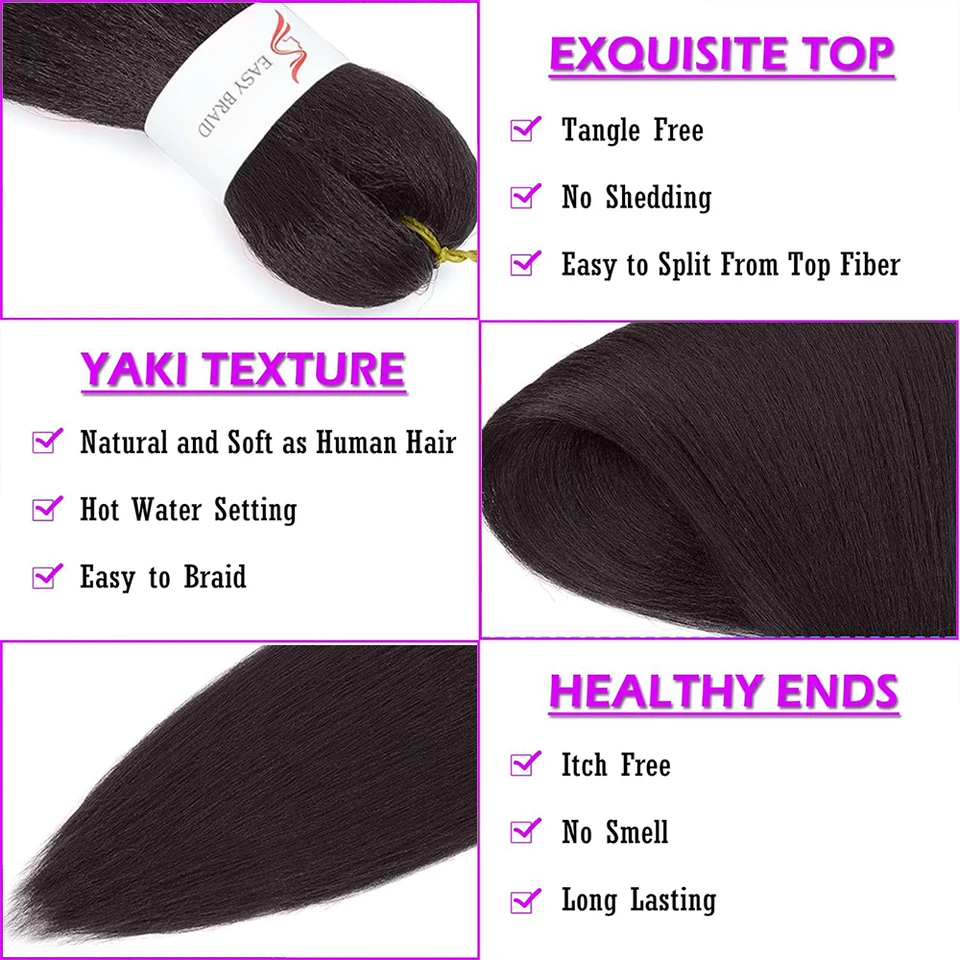 Cabello para trenzar preestirado, 8 paquetes, sintético, sin picazón, textura Yaki suave, se fija con agua caliente 2