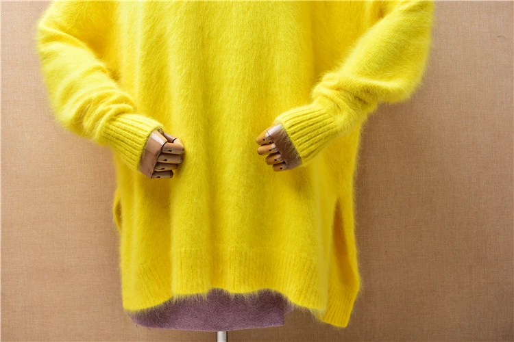 04 Ladies Women Fall Winter Clothing Yellow Hairy Mink Cashmere Knitted O-Neck Split Loose Pullover Angora Fur Jumper Sweater