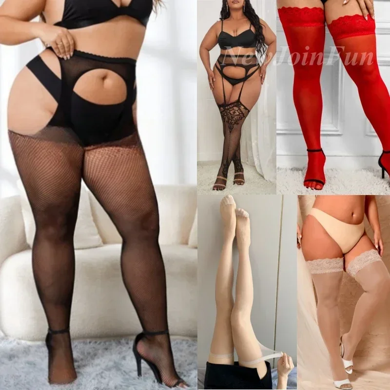 FREEAUCE-medias sexis de encaje de talla grande para mujer, XXXXL, calcetines hasta el muslo de talla grande, medias transparentes ultrafinas hasta la rodilla con antideslizantes