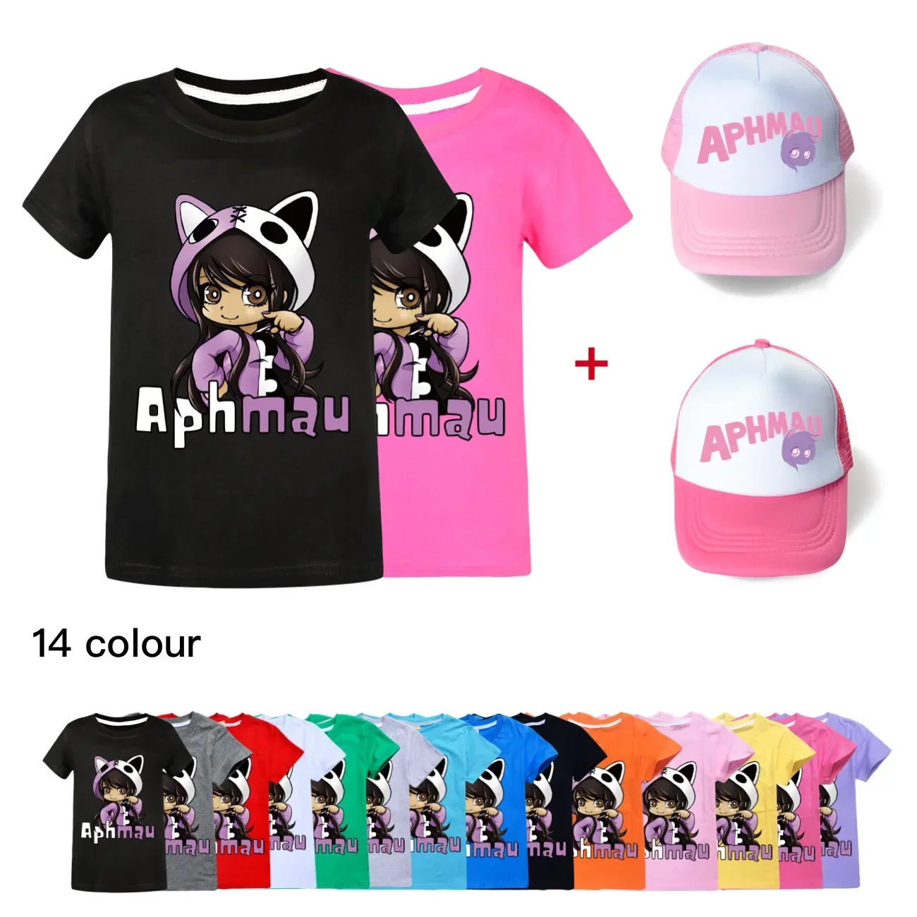 

Cartoon APHMAU T Shirt Kids Kawaii T-shirts & Sunhat 2pcs Suits Baby Girls Summer Short Sleeve Tops Teenager Boys Casual Clothes