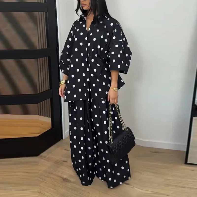 B 2026 Neues Damen-Set mit Polka-Dot-Muster, 2-teilig, Oversize-Kurzarmhemd und Weite-Hosen, Lässiger Loser Anzug – Detail 15