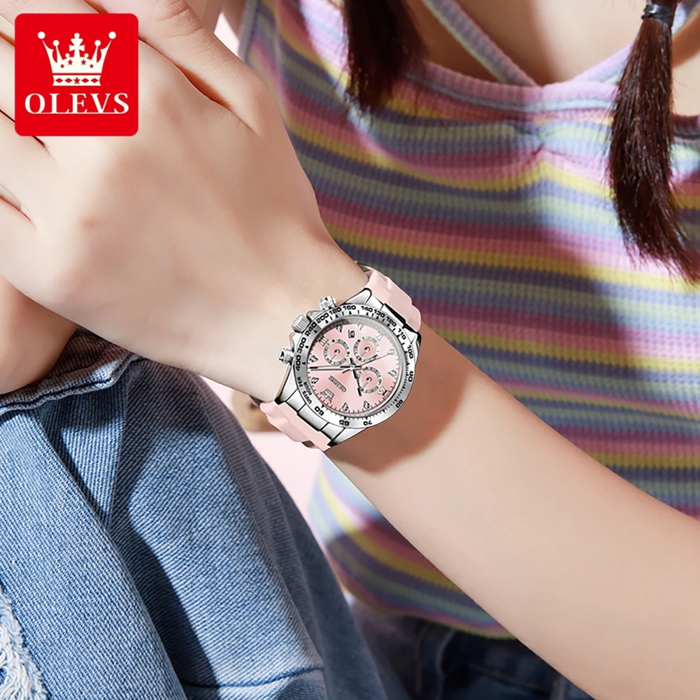 Olevs 5618 relógio feminino hd multifuncional à prova d'água luminoso cronógrafo esportivo pulseira de silicone marca de luxo relógio de quartzo feminino