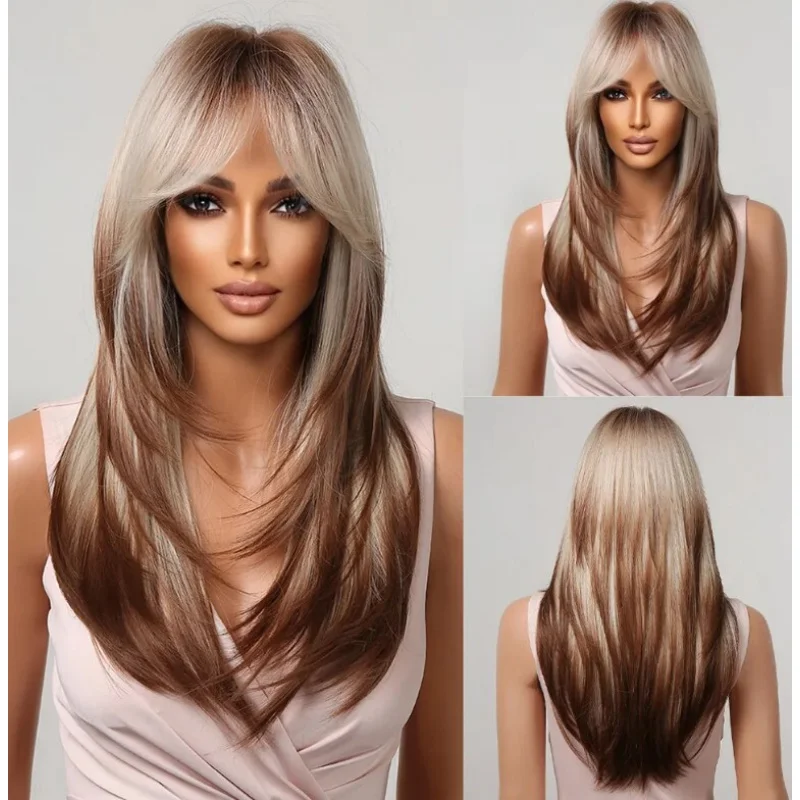 

Women Long Straight Brown Blonde Synthetic Wigs Highlights Wigs with Bangs New