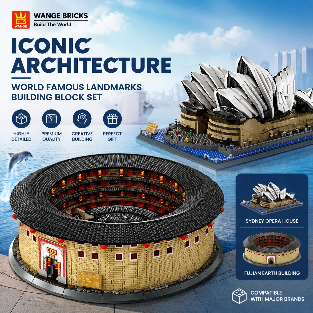 MOC Sydney Opera House & Fujian Tulou Building Blocks Set, DIY Large Architecture Model Kit, Color Box Packaging Display Gift
