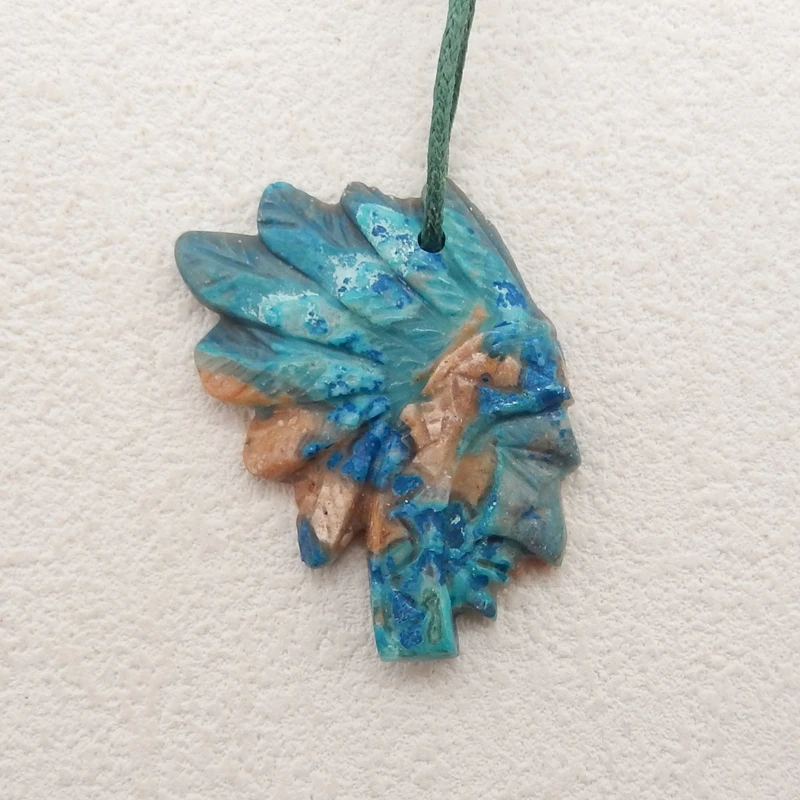 Natural Stone Chrysocolla Carved Indian Head Pendant Bead,Fashion Jewelry Necklace Accessories 37x25x5mm 7g