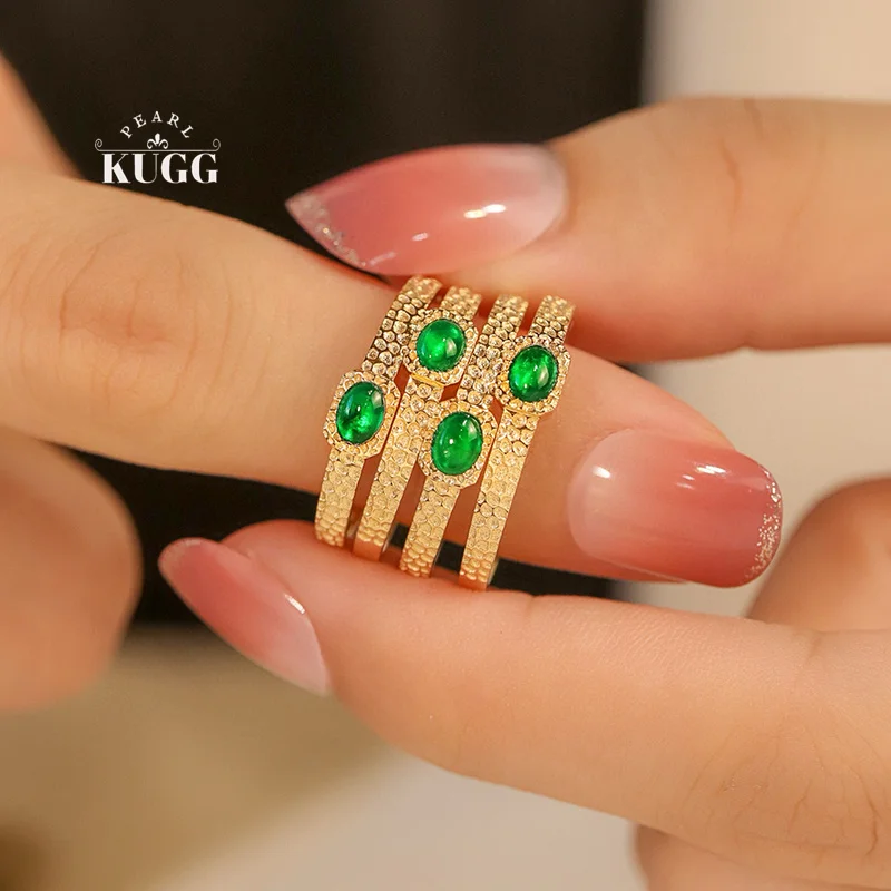 

KUGG 100% кольца из желтого золота 18 карат, винтажное простое стильное кольцо с настоящим натуральным изумрудом и драгоценным камнем для женщин, подарок на годовщину, ювелирные изделия