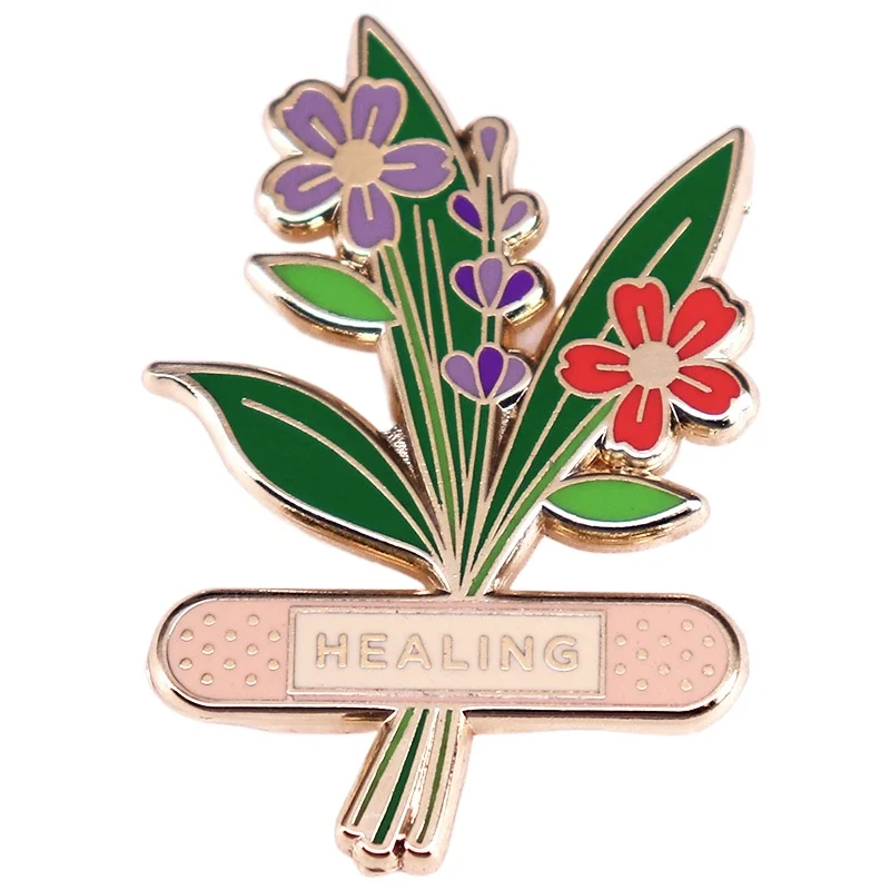 1pc "HEALING" Herbal Flower Enamel Pin - Natural Wellness Design, Gentle Self-Care Style for Daily Wear & Mental Health Gifts