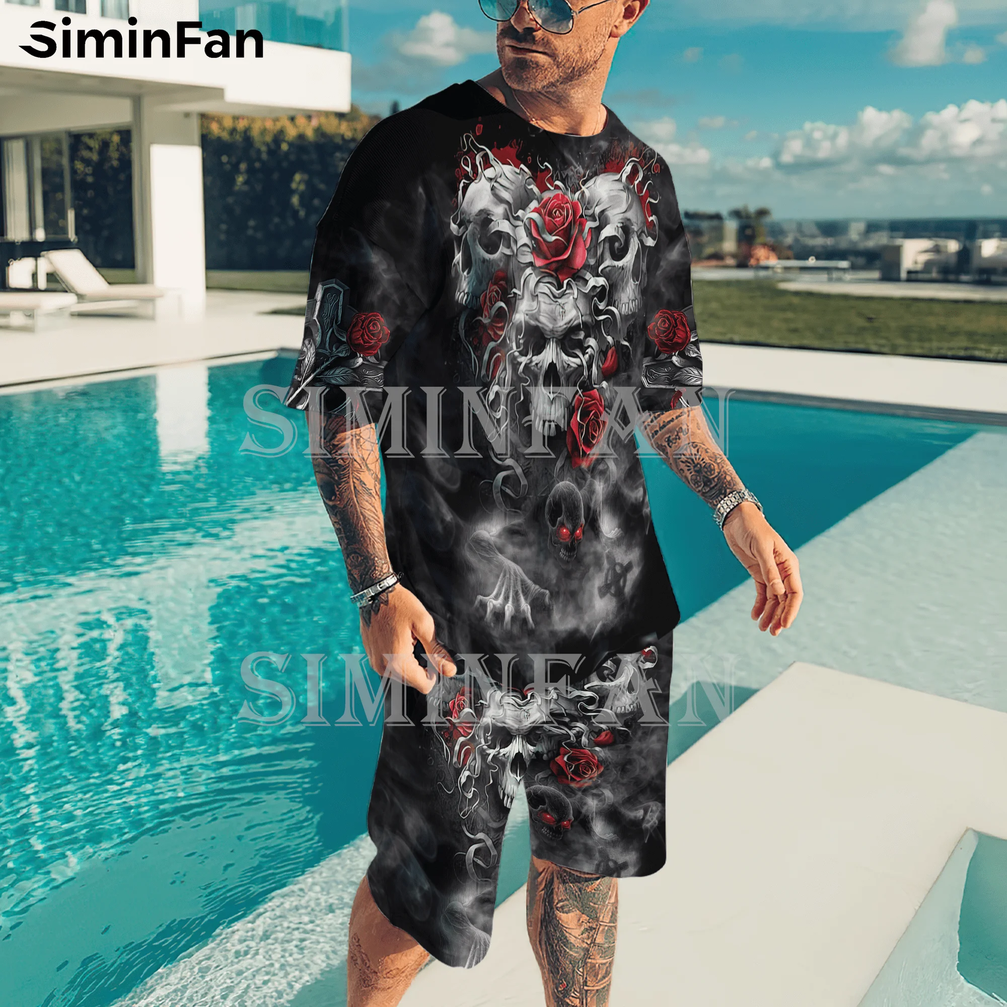 Rose Skull Tattoo 3D Printed Men T-Shirt Beach Short Sets Summer Male Suit Tracksuit Two-Piece Sportswear Casual Black Tee Top 1