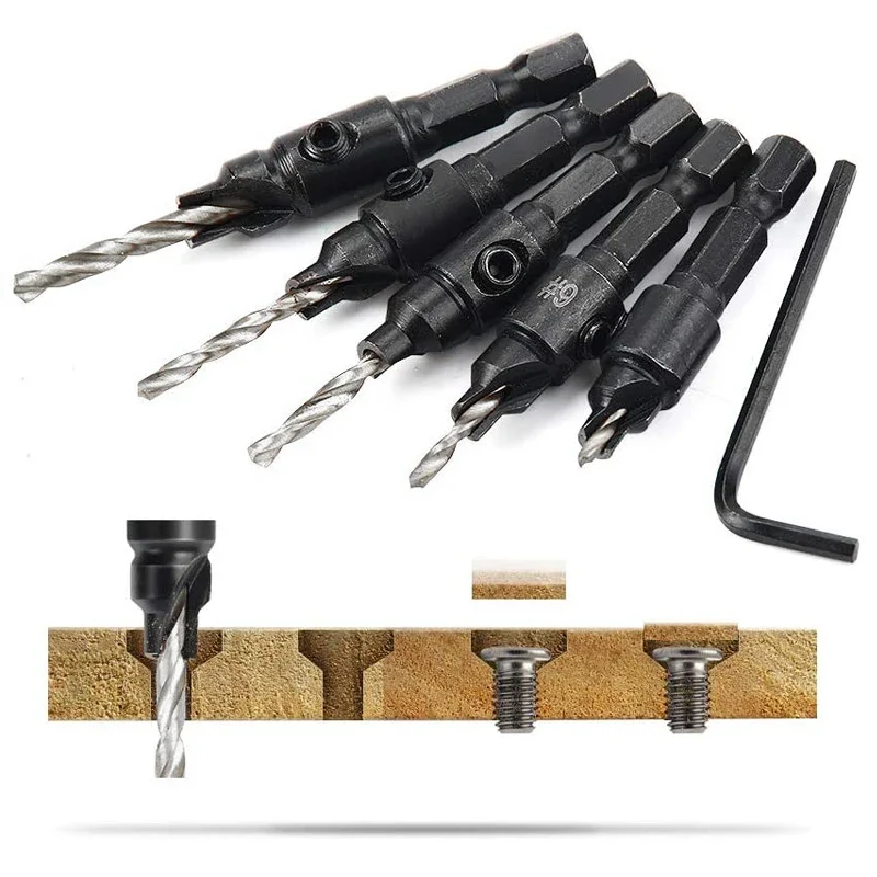 5pcs Countersink Drill Woodworking Drill Bit Set Drilling Pilot Holes For Screw Sizes #5 #6 #8 #10 #12 With a Wrench Tools