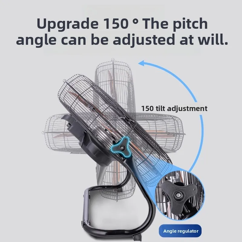 Przemysłowy, wytrzymały wentylator podłogowy z silnikiem z czystej miedzi, 5-łopatkowy, do chłodzenia na duże odległości (10m), 4 prędkości, 150. ° Energooszczędność Tilt