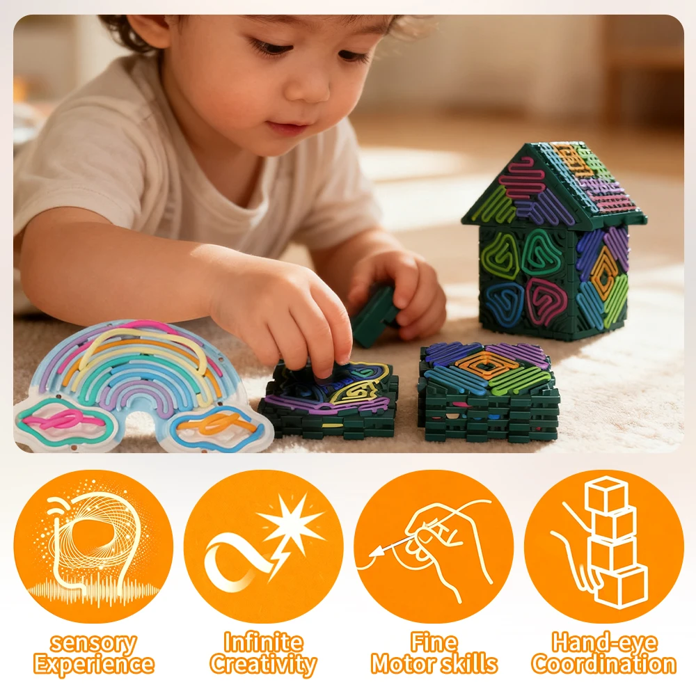 Giocattoli sensoriali 3D Fidget, giocattolo Fidget cubo in silicone e tabellone attività con corde, silenzioso sollievo dall'ansia da stress per bambini 3+, adulto