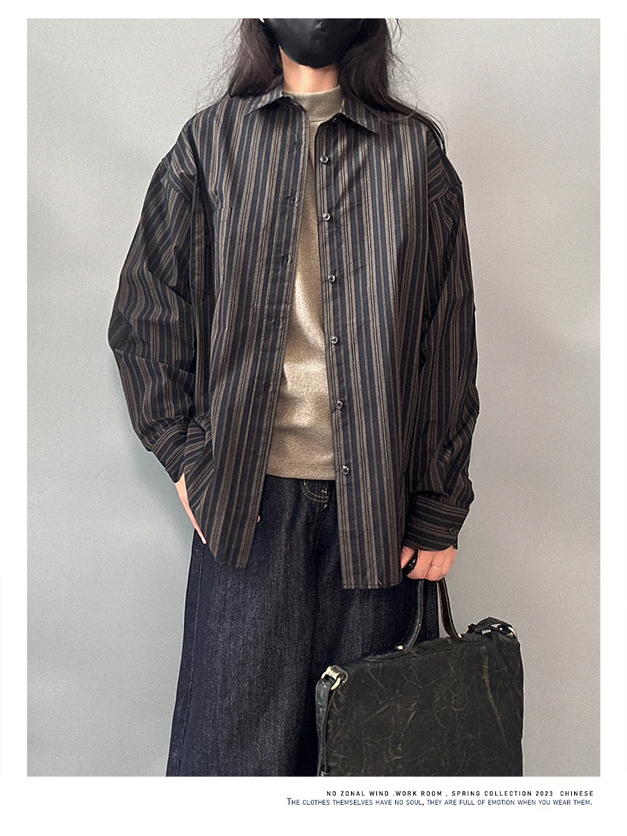 

Свободная повседневная рубашка унисекс с длинным рукавом в полоску из чистого хлопка, весенне-осенняя рабочая одежда в винтажном японском стиле