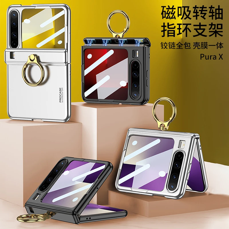 

Premium Huawei Pura X 5G Magnetic Stand Clear Case Tempered Glass Kit – Shockproof Matte Soft-Touch Cover (Luxury Combo)