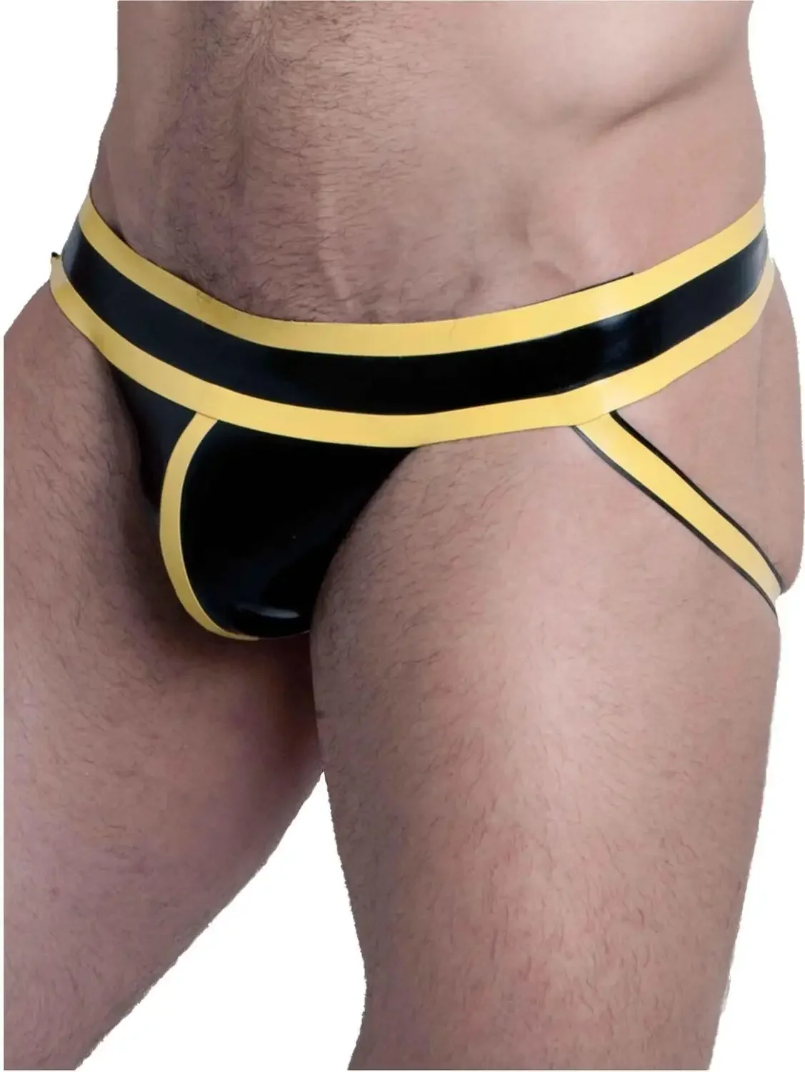 Handmade สีดํา Men's Latex Jock Underwera ยางกูมกางเกง Latex Mens สีเหลือง Trim