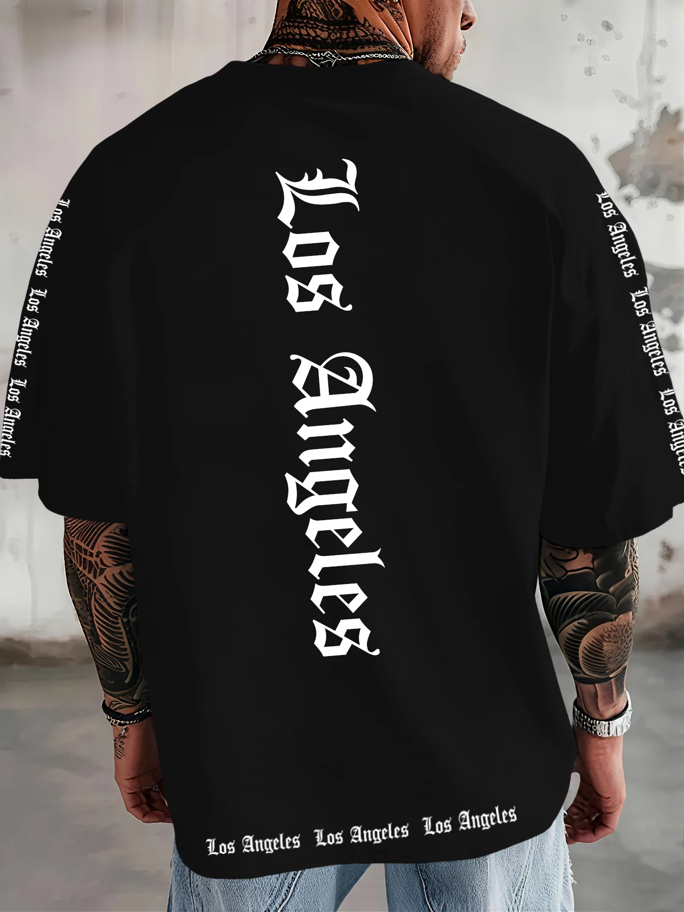 Men's T-Shirt,Back Los Angeles Gothic Font Sleeve Hem Text Pattern Print, Minimal Chicano Streetwear, Daily Casual Wear, S-XXL