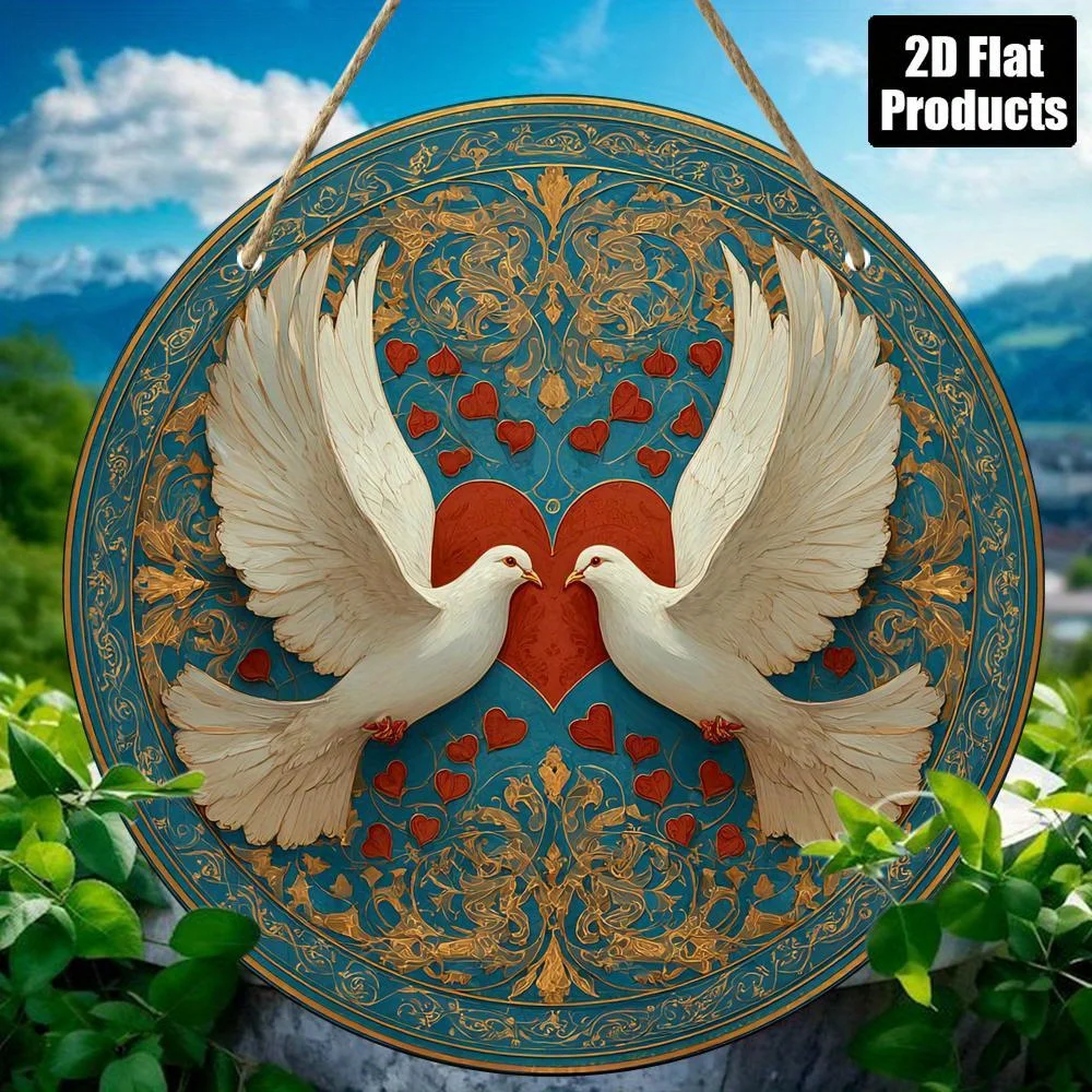 2D Flat - []  Printed on a Flat Surface, Featuring Two White Doves with Golden Wings in a Heart-Shaped Design, a Round Wooden Si