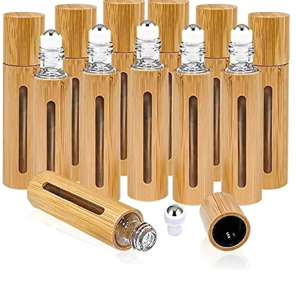 3ml/5ml/10ml/15ml rolo de bambu em garrafas com rolo de aço inoxidável kit de viagem garrafa de rolo portátil mini garrafas recarregáveis