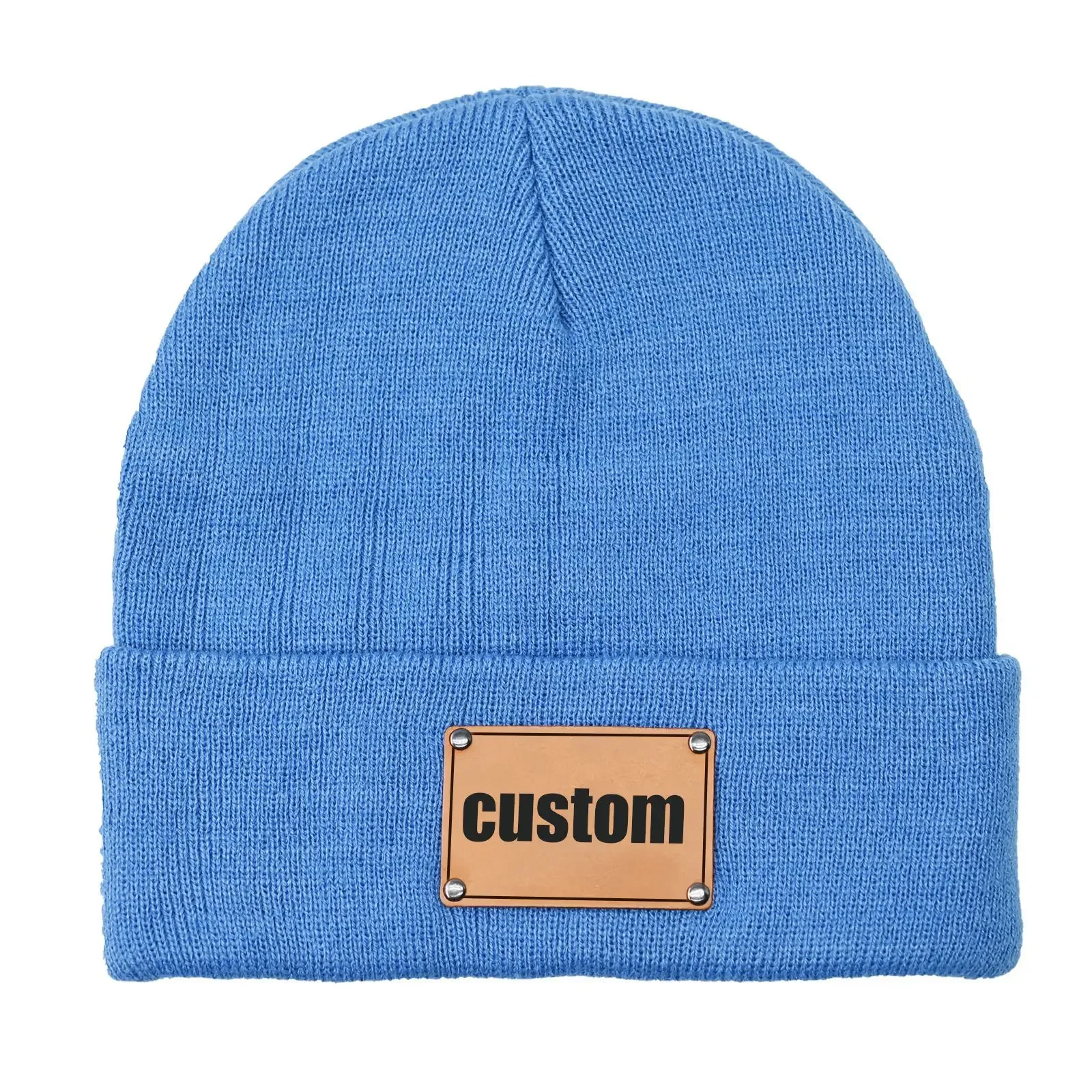 BOY GIRL Men Women Custom Beanies Leather Patch, Personalized Beanies Add Your Own Text Photo Logo Skull Cap Winter Warm Hat