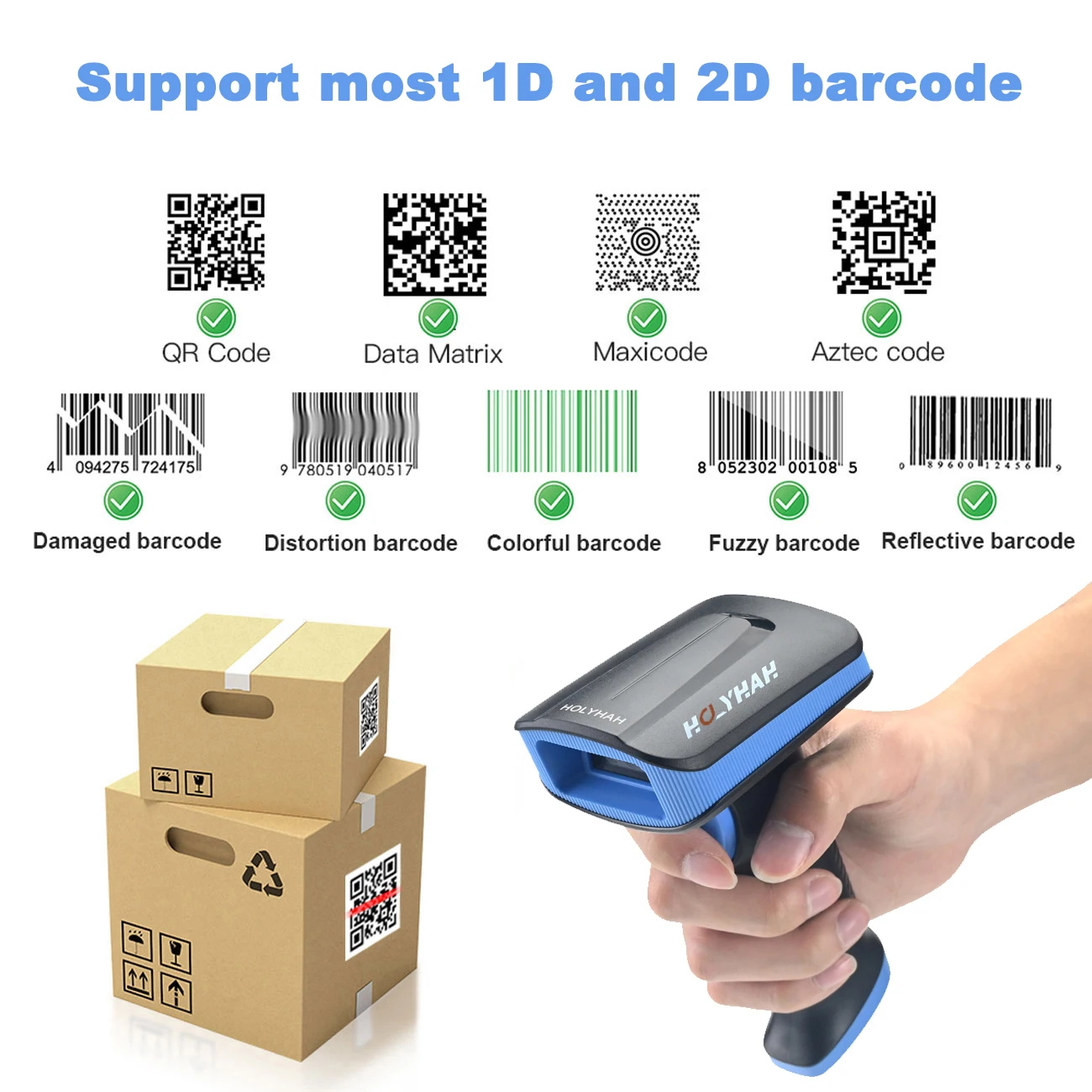 Holyhah 1D 2D Handheld Barcode Scanner Reader QR PDF417 Bluetooth 2.4G Wireless Wired USB Platform