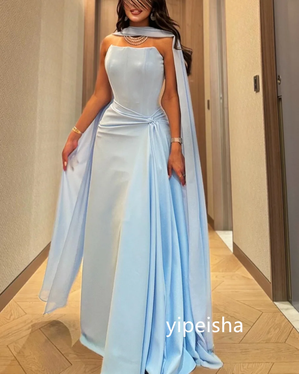 Customized Chinese Style Jersey Pleat Ruched A-line Strapless Long Dresses Prom Dresses Formal Casual Simple Retro Fashion Elega