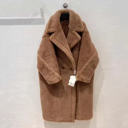 Urso de pelúcia casaco feminino inverno grande e luxuoso comprimento longo grosso quente max gota-ombro manga alpaca lã de ovelha amoreira