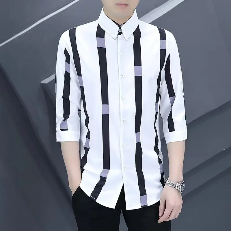 

Slim Fit Ice Silk Men's irt f Sve Busin Casual Summer Faionable Geometric Pattern arp Collar Daily Wear Polyes...