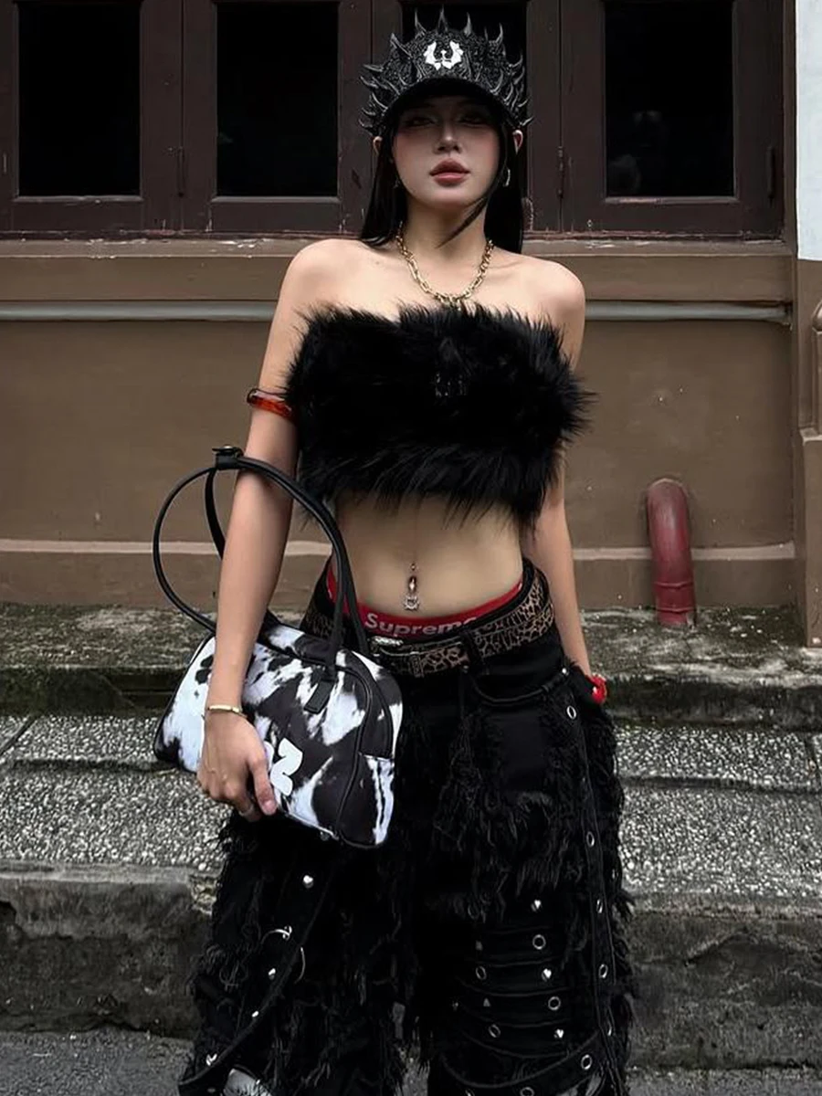 

Rebellious Punk Sle Furry Tube Top Vest Women's Cool Streetwear Belly Baring Versatile ort Sve irt Pure Color Design