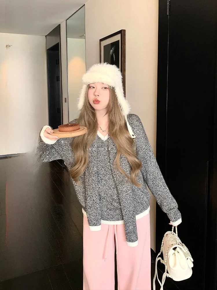 

Теплый шерстяной вязаный свитер с длинными рукавами и V-образным вырезом, свободный крой, женский, осенне-зимний, модный дизайн, повседневный стиль для работы и отдыха