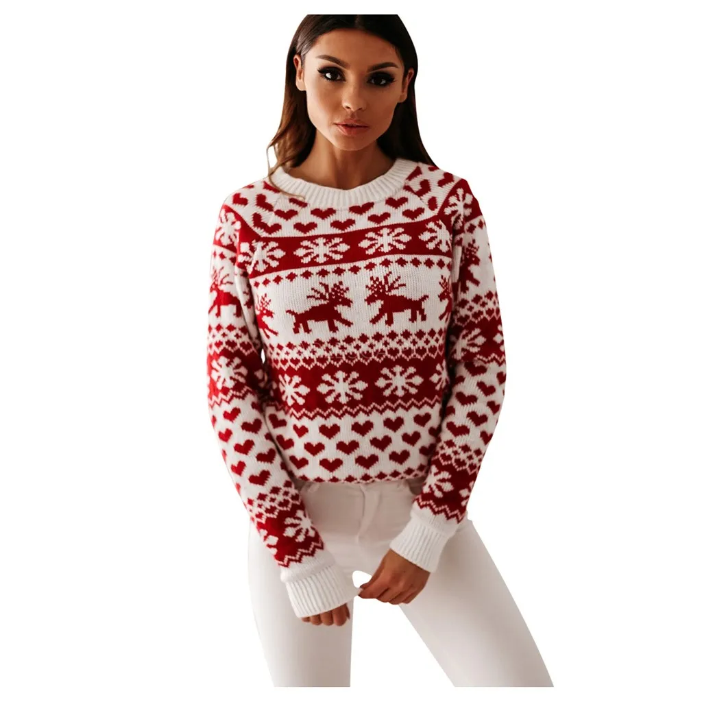 2024 New Winter Christmas Sweater For Women Xmas Moose Print Long Sleeve Y2k Clothes Warm Thicken Jumpers Pullover Tops Knitwear