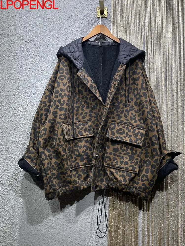 

Thick Velvet Warm Jacket Women's 2024 Winter New Hooded Denim Leopard Print Loose Oversized Lamb Wool Jacket Women's Coats