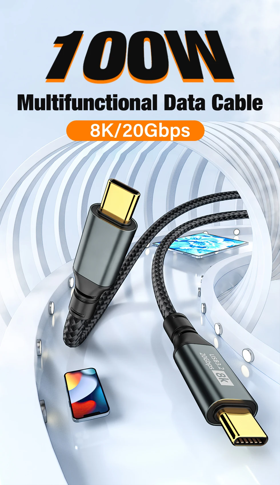 PD100W USB-C Schnellladekabel, USB 3.2 20Gbps 8K Thunderbolt 3 Typ-C zu Typ-C Datenkabel für MacBook iPhone 17 Pro Max – Detail 2