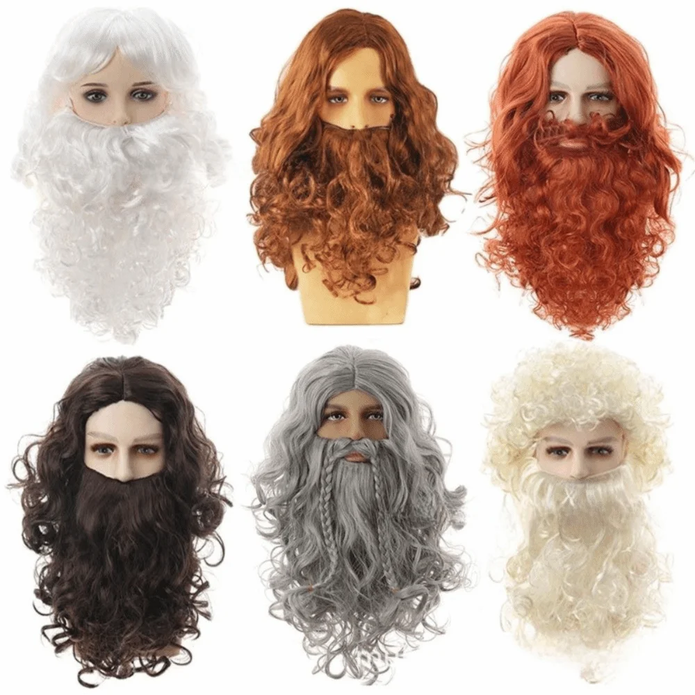 White Beard Santa Claus Beard Wig Full Set Long Curly Hair Santa Beard Wig Holiday Decoration European Style Beard And Wig Set