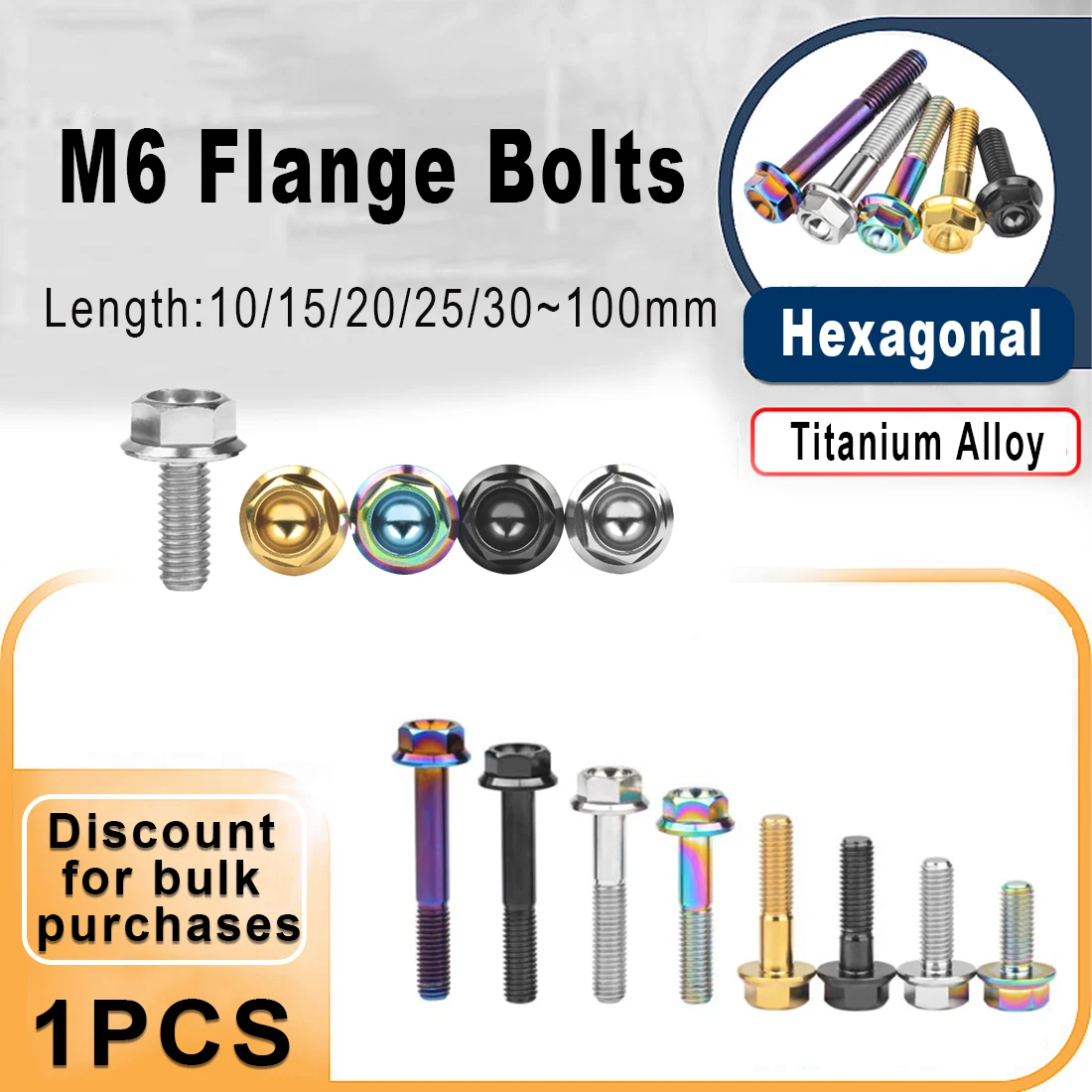 

M6x10 ~ 100mm Titanium Bolt Hexagon Flange Head Screw Thread Pitch 1.0mm for Motorcycle Modification Disc Brake Bolt