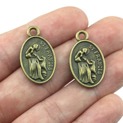 High Quality 20 Pieces/Lot 15.3mm*26.3mm Antique Bronze Small Metal Oval Tag Religious Catholic Charm St Francis Pet Tag Charms