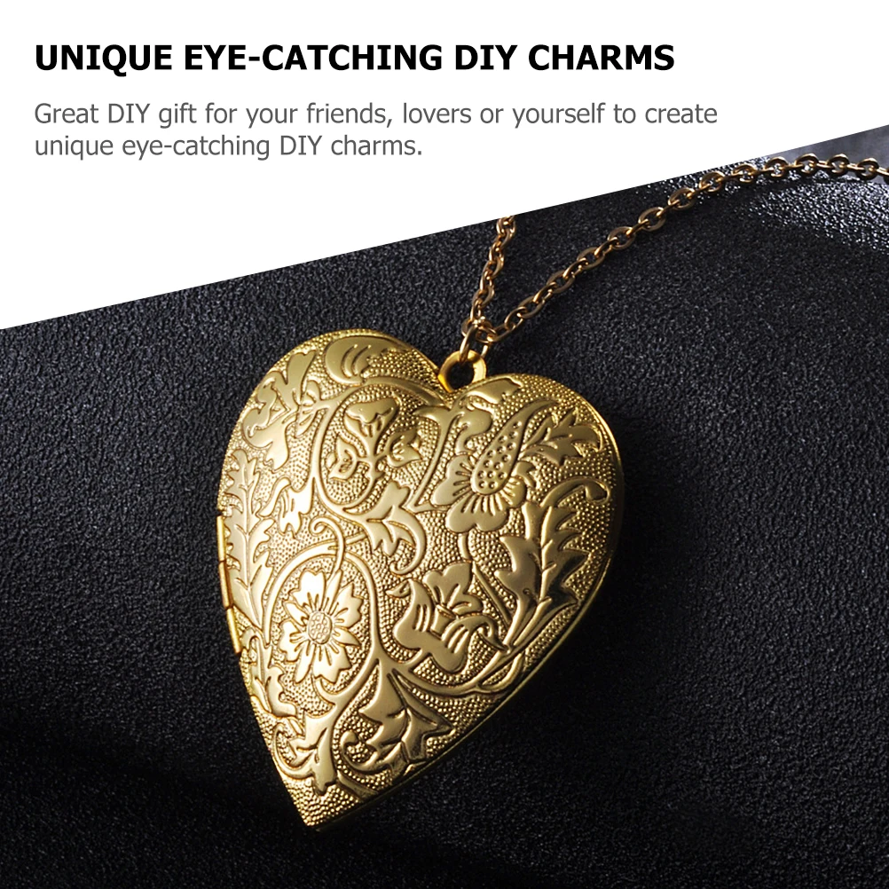 

2 Pcs DIY Charms Photo Box Pendant Heart Shaped Pendants Decorate Golden Copper