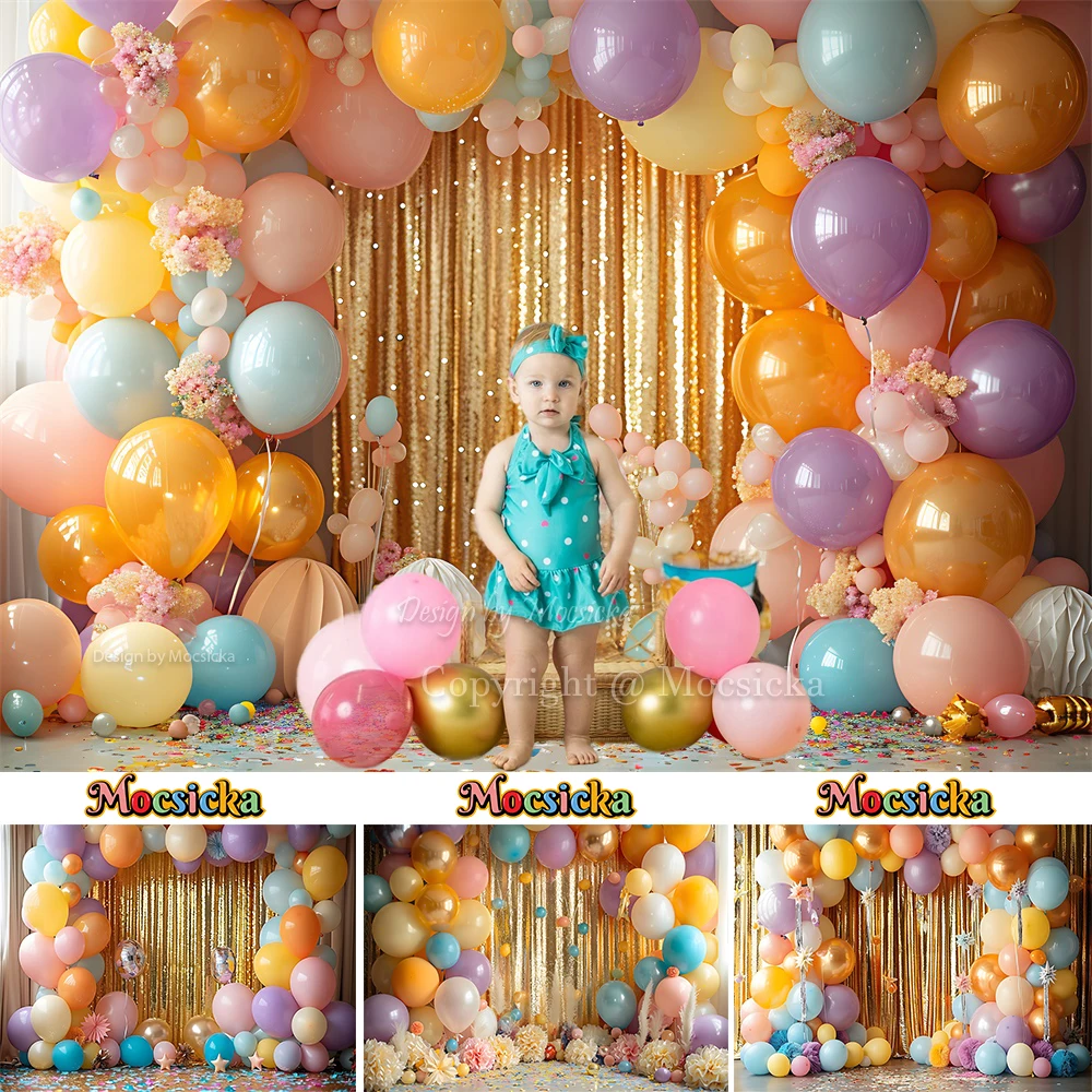 

Mocsicka Kids Cake Smash Background Photography Arch Balloon Wall Gold Curtain Backdrop Decor Baby Birthday Party Photo Studio