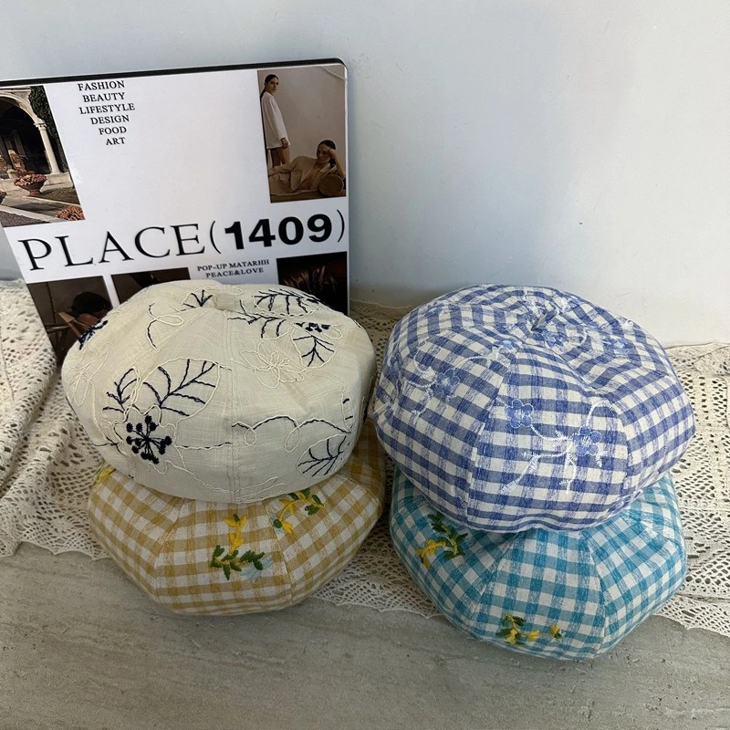 

Шапки-береты с вышивкой в клетку для женщин: повседневные, художественные, милые и универсальные, для защиты от солнца, идеальные для ранней весны