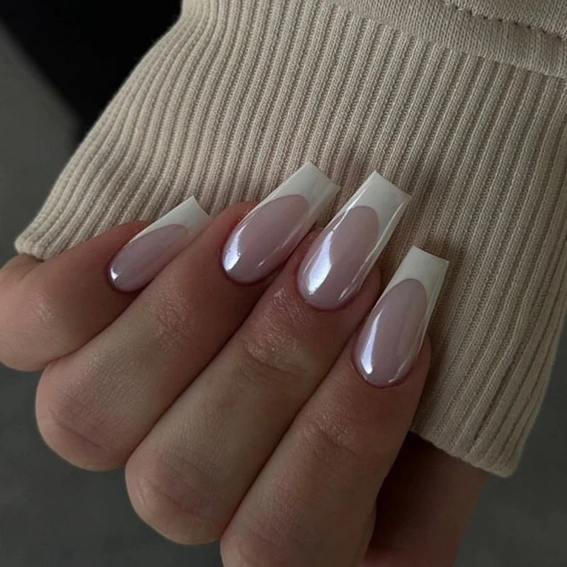 Glossy Classic White French Short T-shaped Fake Nails Fashion Simple Detachable Finished False Nails Press on Nails with Glue