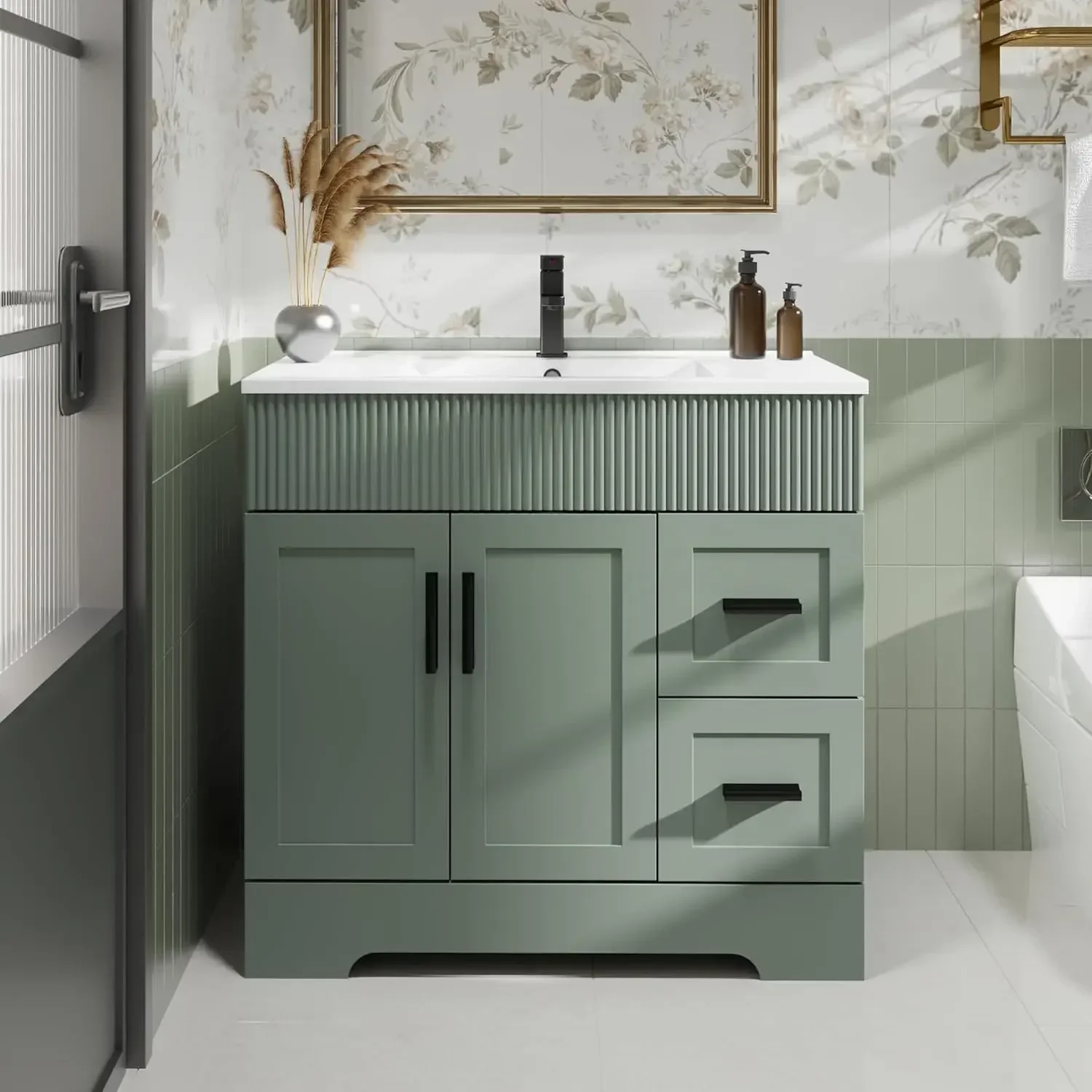 

36" Bathroom Vanities Sink Combo with Painted Surface, Modern Drawered Cabinet W/Decorative Wave Lines, Undermount Single Sink,