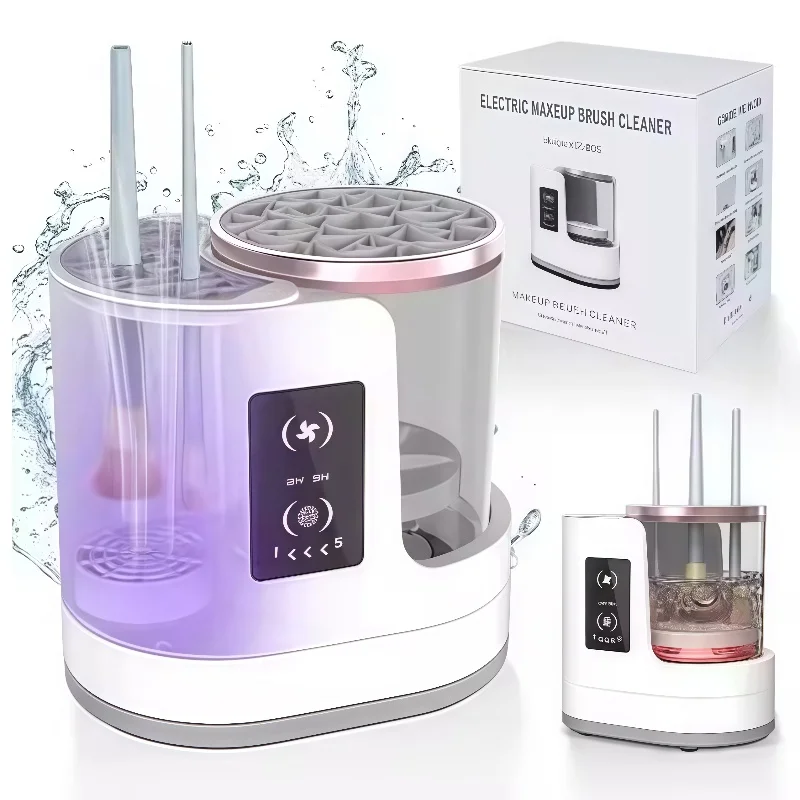 電動メイクブラシクリーナー。自動洗浄機能付き。usb充電式で持ち運び可能。3in1のメイクブラシホルダー兼スタンド。