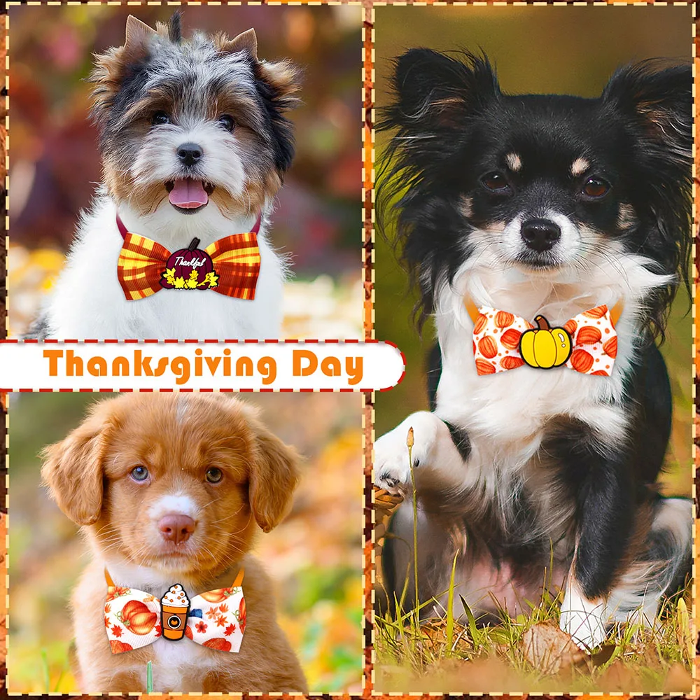 2024 New 50PCS Thanksgiving Pet Dog Bow Tie For Fall Small Dog Cat Bowties Collar Pet Grooming Dog Accessories For Thanksgiving