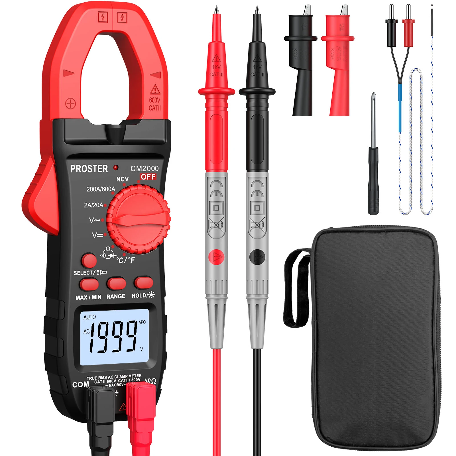 PROSTER Digital Clamp Meter TRMS 600A AC Current AC DC Voltage NCV Continuity Resistance Temperature Diode Hz Multi Tester Tool