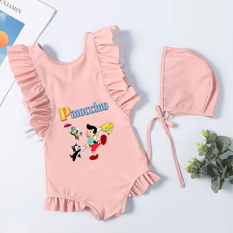 Pinocchio Kinder Badeanzug Sommer Bade bekleidung Strand anzug Kinder tragen einteilige Bikini Badeanzug Kleider ärmellose Mädchen