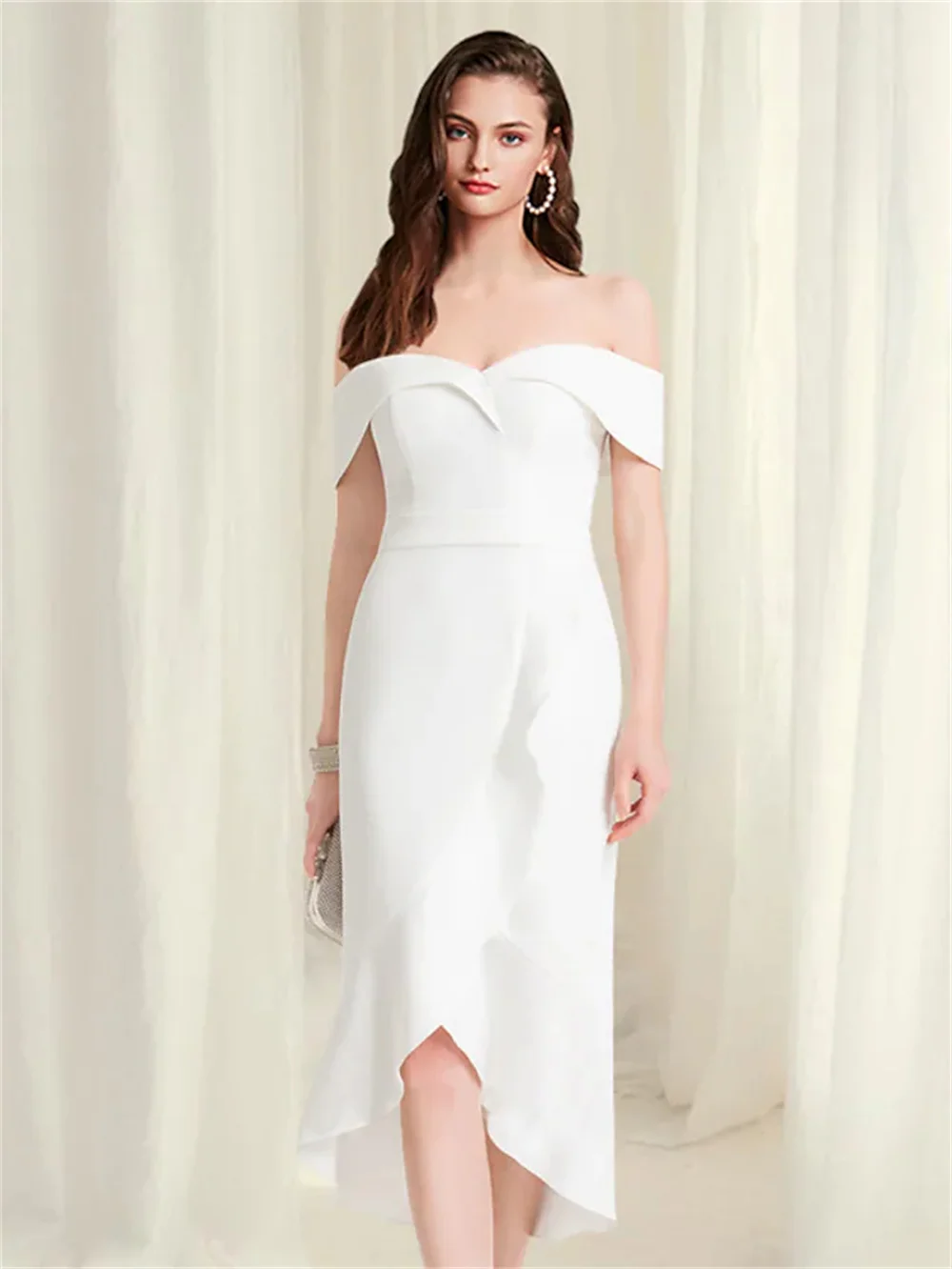 Reformation Amante Minimalist Homecoming Party Wear Dress Off Shoulder Sleeveless Asymmetrical Stretch Fabric with Sleek