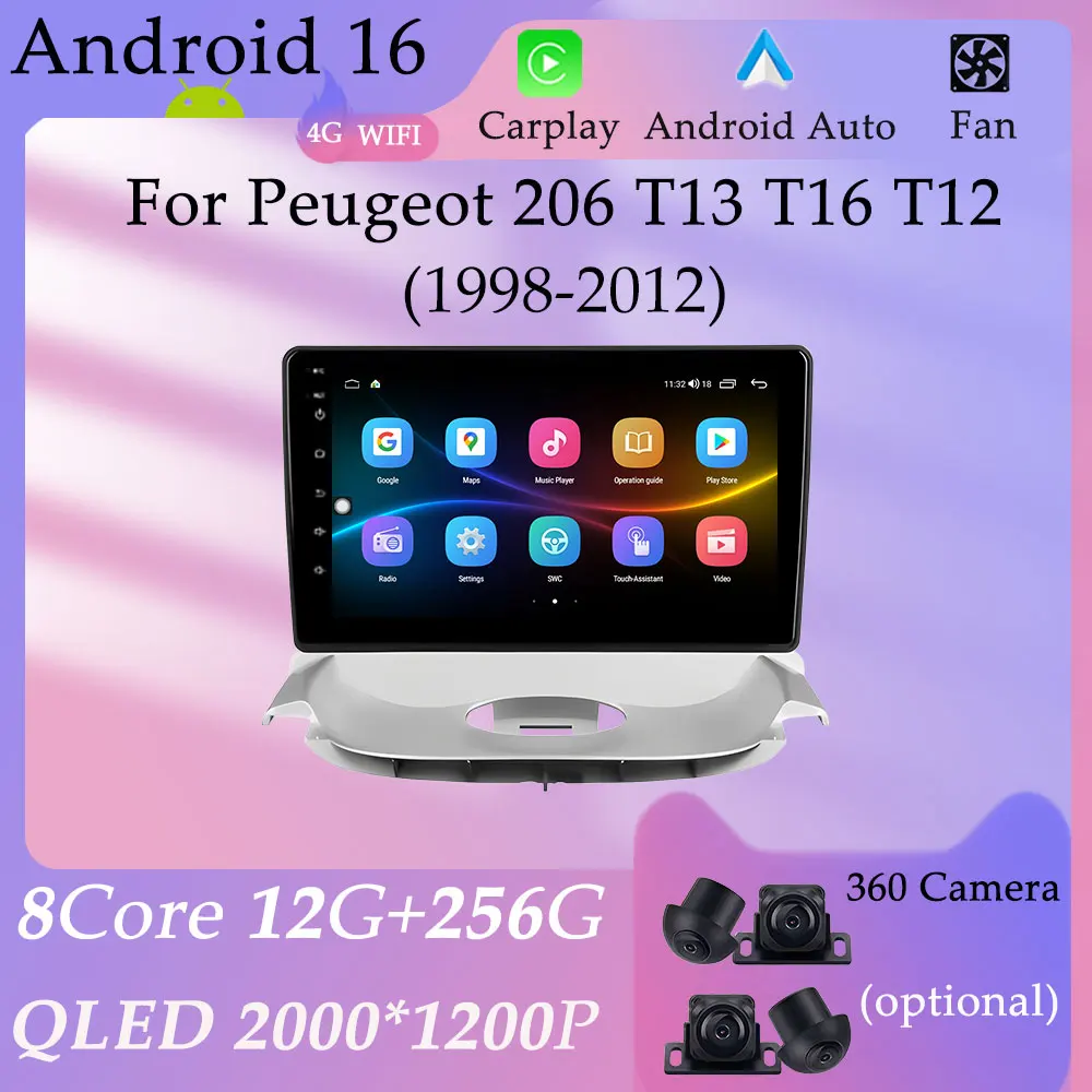 Para Peugeot 206 T13 T16 T12 1998 - 2012 CarPlay DSP estéreo HD pantalla Radio de coche reproductor Multimedia de vídeo pantalla dividida GPS Navi BT