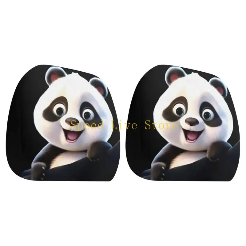 547C Two Matching Decorative Headrest Covers Protectors Featuring Cheerful Panda Faces