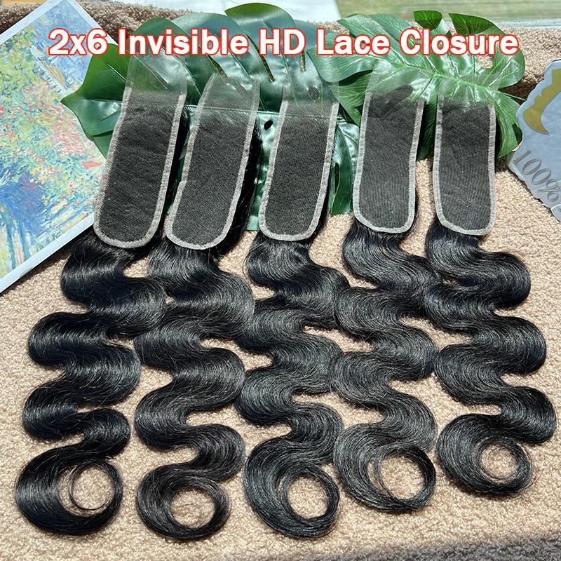 Body Wave 2x6 HD Lace Closure 100% Raw Virgin Human Hair Deep Parting Pre Plucked Invisible HD Lace Melt Skins Natural Black #1B