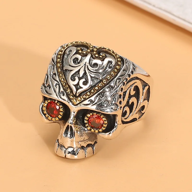 S925 sterling silver retro thai silver domineering fashionheart skull ring men index finger inlaid with red stone ring