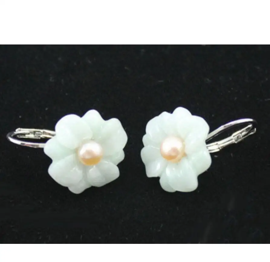 

Fashion Natural Light Green jade Flower Genuine Pink Pearl Leverback Hook Earrings